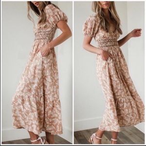 Free People Tan and Cream floral Midi dress sz XS